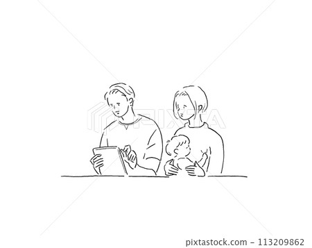 A young father using a tablet and a young mother holding a young child (line drawing) 113209862