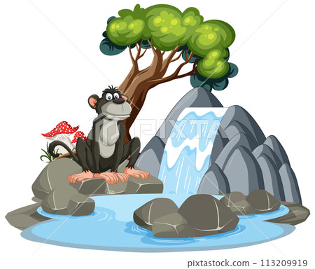 Cheerful Monkey by the Waterfall 113209919