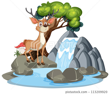 Serene Deer by the Waterfall Oasis 113209920
