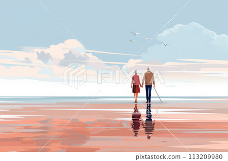 senior couple grandma and grandpa walk on the beach in summer illustration 113209980