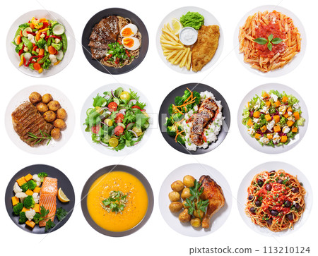 plates of food isolated on a white background, top view 113210124