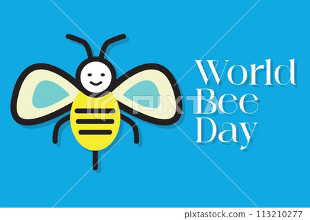 Vector image of a bee on a light blue background with the text World Bee Day 113210277