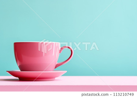 Cappuccino or latte, coffee or tea, pink coffee cup side view closeup on light blue background. Copy space. Banner for design 113210749
