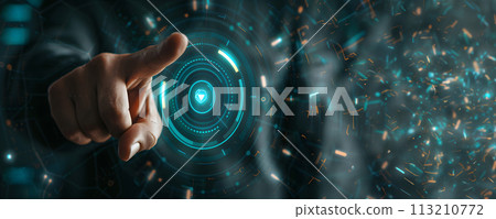 Technology concept - male hand with futuristic interface 113210772