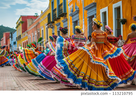 Cinco de Mayo concept - women in national dresses dancing during the carnival fiesta Cinco de Mayo concept - women in national dresses dancing during the carnival fiesta 113210795