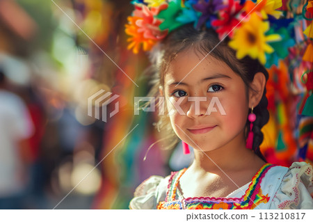 Cinco de Mayo concept - young Mexican girl wearing national costume during outdoor fiesta celebration 113210817