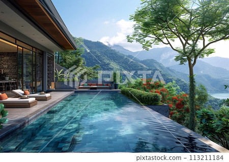 A pool villa resort living room interior with beach lounge and mountain, 3D rendering. A pool villa resort living room interior with beach lounge and mountain, 3D rendering. 113211184