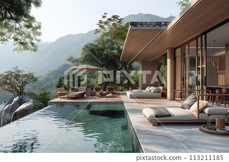 A pool villa resort living room interior with beach lounge and mountain, 3D rendering. A pool villa resort living room interior with beach lounge and mountain, 3D rendering. 113211185