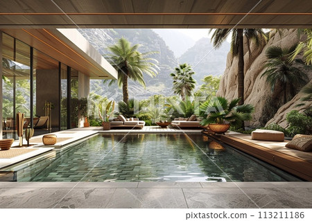 A pool villa resort living room interior with beach lounge and mountain, 3D rendering. A pool villa resort living room interior with beach lounge and mountain, 3D rendering. 113211186