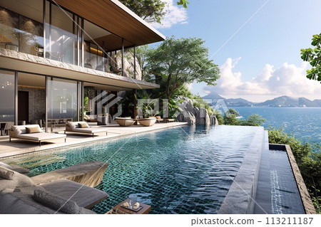 A pool villa resort living room interior with beach lounge and mountain, 3D rendering. 113211187