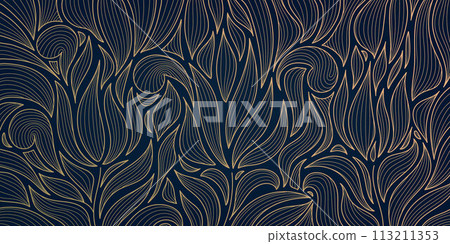 Vector art deco leaves and flowers pattern, gold on blue luxury background, floral plant ornament. Garden decor drawing, interior print, vintage wave outline illustration. Vector art deco leaves and flowers pattern, gold on blue luxury background, floral plant ornament. Garden decor drawing, interior print, vintage wave outline illustration. 113211353