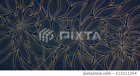 Vector art deco leaves and flowers pattern, gold on blue luxury background, floral plant ornament. Garden decor drawing, interior print, vintage wave outline illustration. Vector art deco leaves and flowers pattern, gold on blue luxury background, floral plant ornament. Garden decor drawing, interior print, vintage wave outline illustration. 113211354