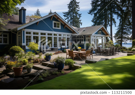 Luxury house with green lawn and backyard Luxury house with green lawn and backyard 113211500