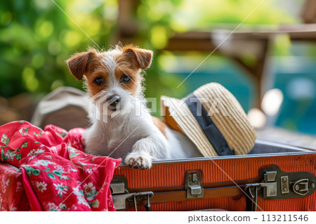 Cute dog sitting in open suitcase with clothes for vacation Cute dog sitting in open suitcase with clothes for vacation 113211546