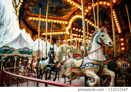 Merry go round carousel in amusement park 113211547