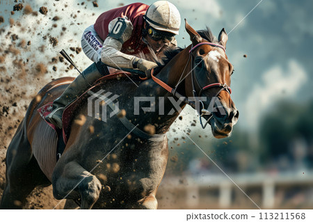 Rider is riding a thoroughbred racehorse 113211568