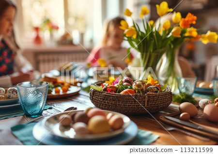 Family having festive dinner together Family having festive dinner together 113211599