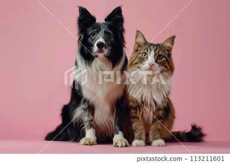 Dog and cat sitting together on pink background Dog and cat sitting together on pink background 113211601