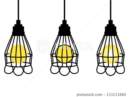 Stylish retro lighting. Cute wire light bulb cover. Hanging electricity. 113211660