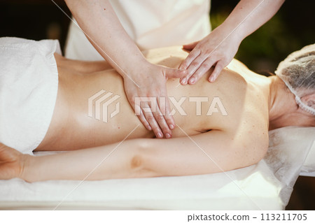 massage therapist in massage cabinet massaging client 113211705