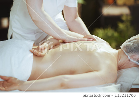 Closeup on massage therapist in spa salon do massage therapy 113211706