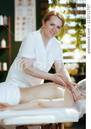 medical massage therapist in massage cabinet massaging client medical massage therapist in massage cabinet massaging client 113211707