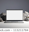 Open modern laptop with blank white screen mockup. Empty laptop screen on rock and stone background, mockup 113211784