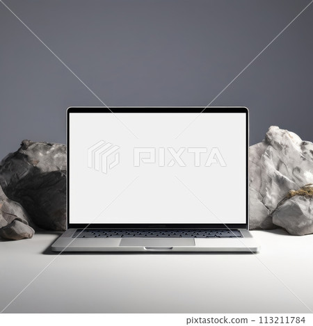 Open modern laptop with blank white screen mockup. Empty laptop screen on rock and stone background, mockup Open modern laptop with blank white screen mockup. Empty laptop screen on rock and stone background, mockup 113211784