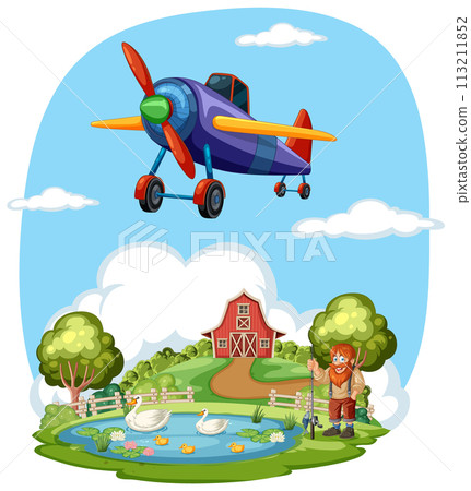 Vintage Plane Flying Over Farm Vintage Plane Flying Over Farm 113211852