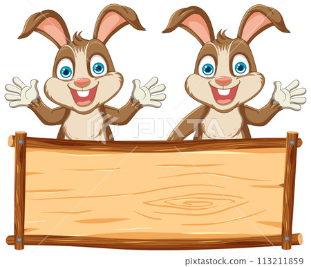 Cheerful Bunnies with Wooden Sign Cheerful Bunnies with Wooden Sign 113211859