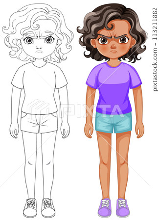 Angry Girl Cartoon and Line Art 113211882