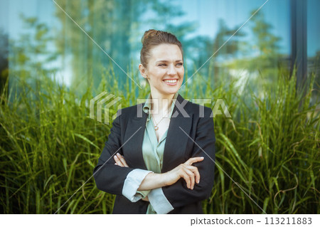 smiling modern business woman near business center smiling modern business woman near business center 113211883