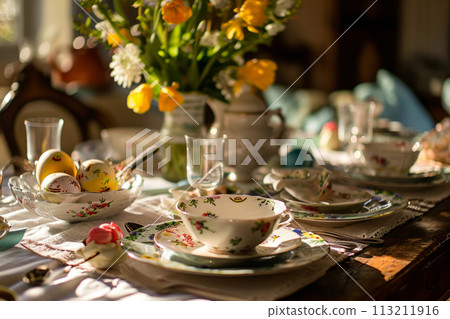 Dishes and flowers on set table for festive dinner 113211916