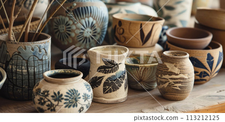 Artisan pottery collection with on a rustic table Artisan pottery collection with on a rustic table 113212125