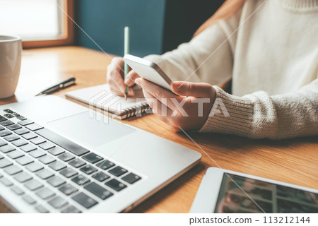 Young woman working in a home office. 113212144