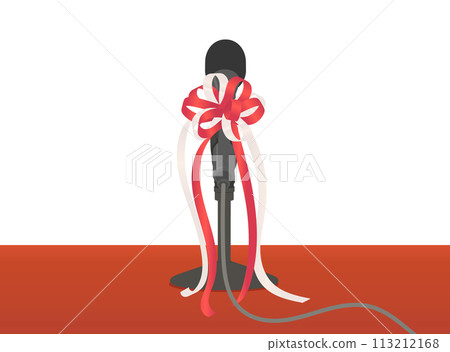 Illustration of a microphone with a red and white ribbon 113212168