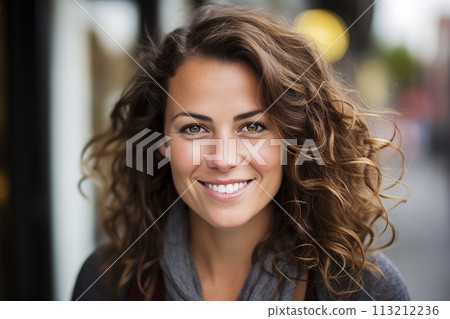 A woman with curly hair is smiling and wearing a gray sweater 113212236