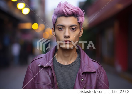A man with pink hair is wearing a purple jacket and a gray sweater 113212280