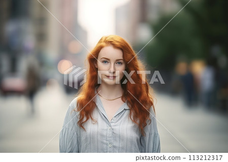 A woman with red hair stands on a city street 113212317