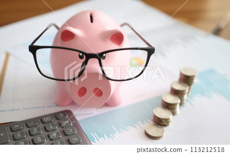 Pink piggy bank with glasses standing near heaps of coins and calculator closeup 113212518
