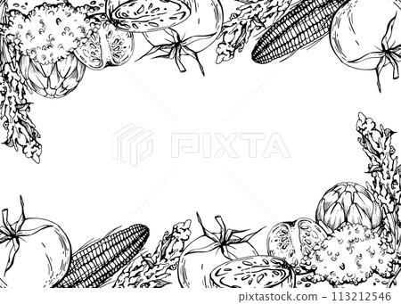 Hand drawn ink vector illustration, cooking pot ceramics vegetable stew maize corn quinoa, south american cuisine Horizontal frame isolated white background. Design travel, vacation, brochure, print 113212546