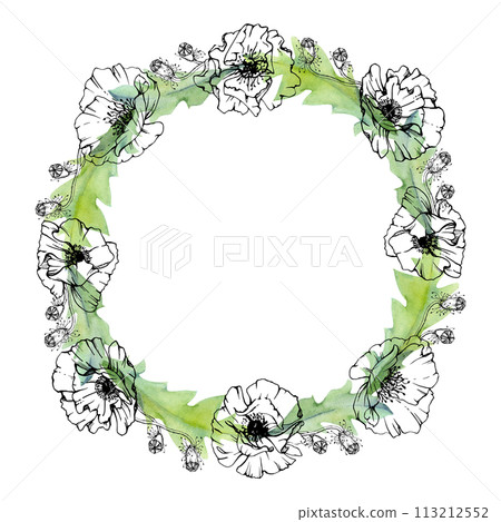 Hand drawn watercolor botanical illustration flowers leaves. Red poppy papaver, stems buds seedpods. Wreath frame isolated on white background. Design wedding, love cards, remembrance day stationery Hand drawn watercolor botanical illustration flowers leaves. Red poppy papaver, stems buds seedpods. Wreath frame isolated on white background. Design wedding, love cards, remembrance day stationery 113212552