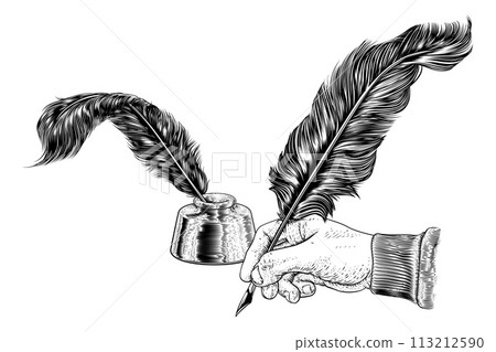 Quill Feather Ink Pen Hand Vintage Woodcut Print Quill Feather Ink Pen Hand Vintage Woodcut Print 113212590