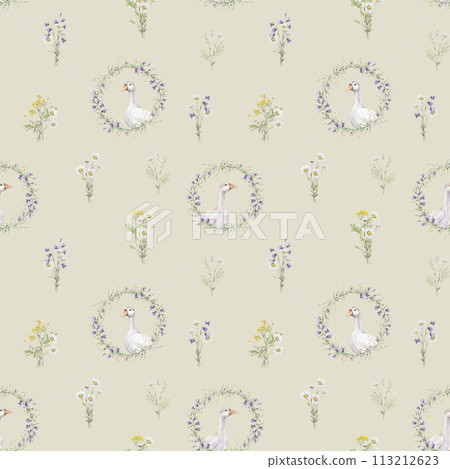 Seamless pattern with wreath of buttercup and flower and bluebell. Domestic watercolor goose. Watercolor hand painting illustration on isolate. Circlet of meadow flowers. Botanical summer wildflowers. Seamless pattern with wreath of buttercup and flower and bluebell. Domestic watercolor goose. Watercolor hand painting illustration on isolate. Circlet of meadow flowers. Botanical summer wildflowers. 113212623