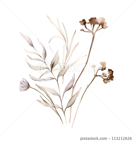 Watercolor floral delicate pastel vintage green violet purple brown bouquet. Hand drawn illustration isolated on white background. Flower and leaves composition for stationary or textile 113212626