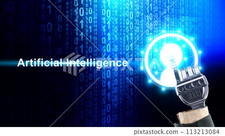 The robotic hand touches the AI symbol The robotic hand touches the AI symbol 113213084