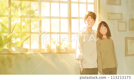 一對新婚夫婦幸福地依偎在窗邊的水彩插圖 113213173