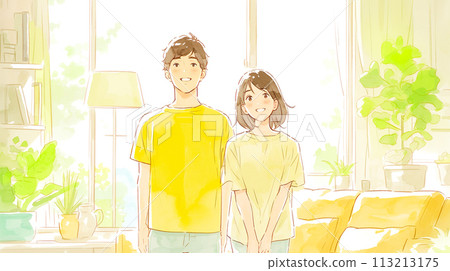 Watercolor illustration of a newlywed couple happily cuddling by the window 113213175