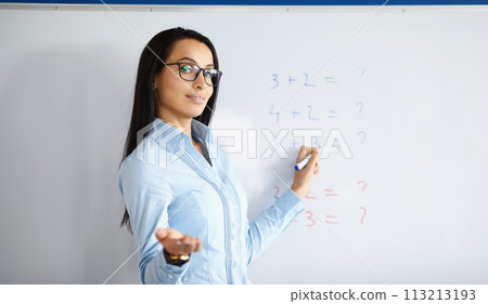 Woman teacher standing at blackboard with formulas and explaining information Woman teacher standing at blackboard with formulas and explaining information 113213193