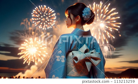 穿著和服的女人看煙火 113213259